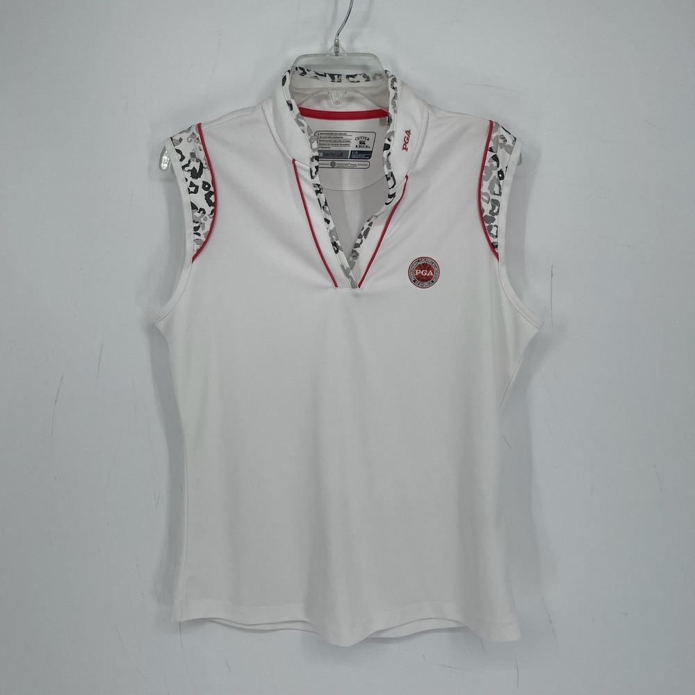 Cutter & Buck Women's White PGA Logo Sleeveless Golf Polo Top Shirt Size L